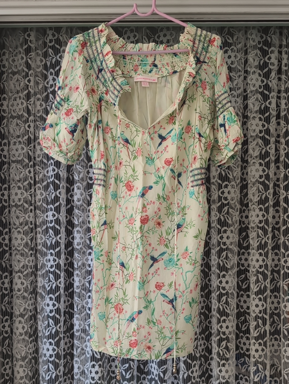 Matthew Williamson(For H&M) Cream Mini Dress with Blue & Pink Floral Bird Print